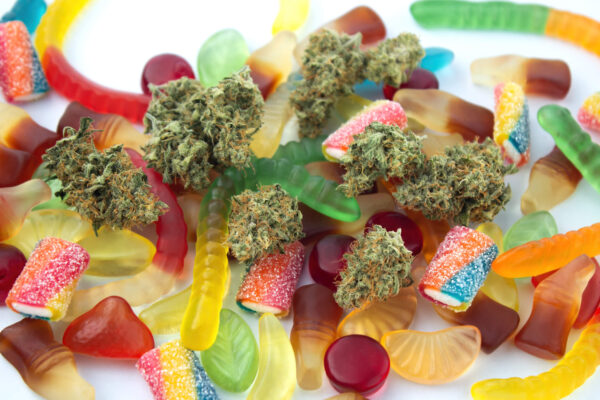 THC Gummies, Mixed Candy with Marijuana Flowers